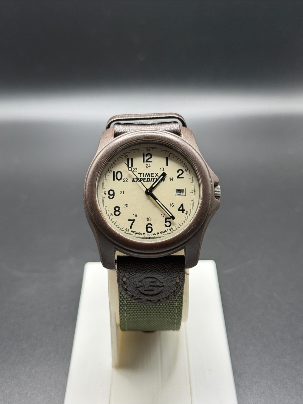 Timex Expedition Field Watch Cream Military Dial Olive Green Strap T49101Indiglo